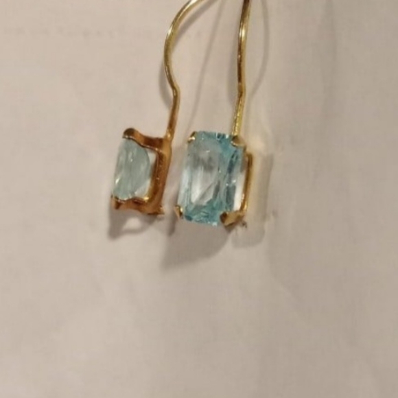14k Solid Gold Emerald Cut Swiss Blue Topaz Threader Locking Designer Earrings - Picture 6 of 7
